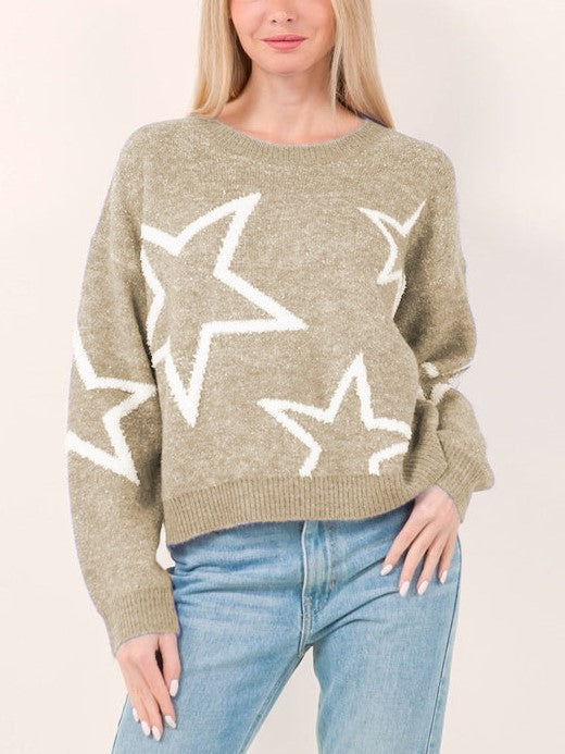 HOT SALE Star Pattern Contrast Long Sleeve Pullover Sweater