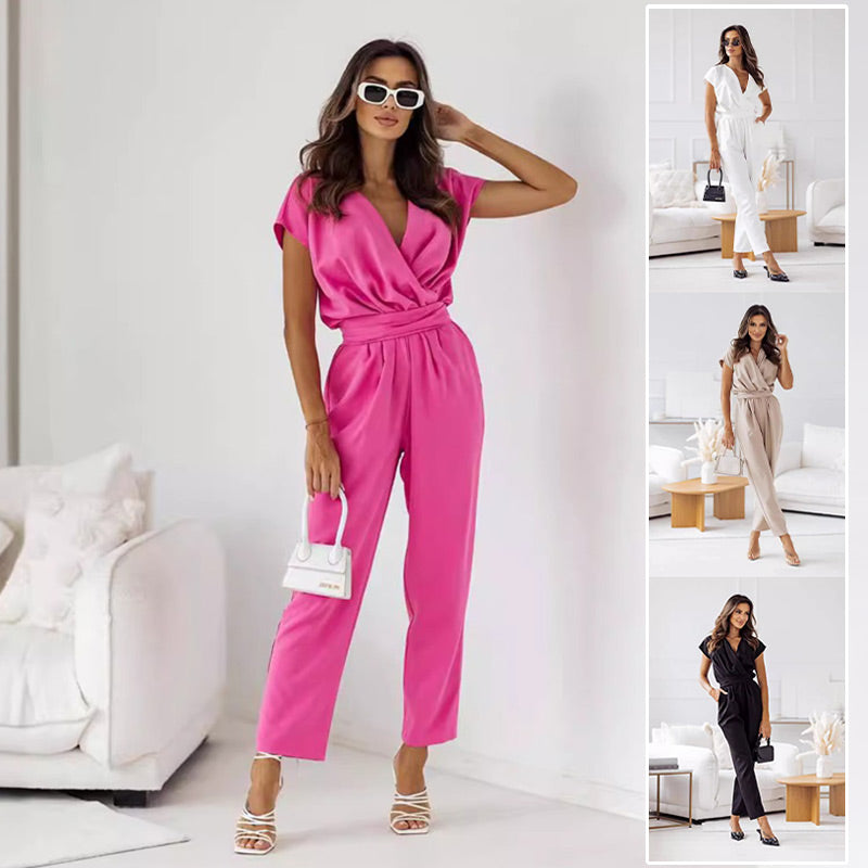 Solid Color Wrap V-Neck Short Sleeve Jumpsuit