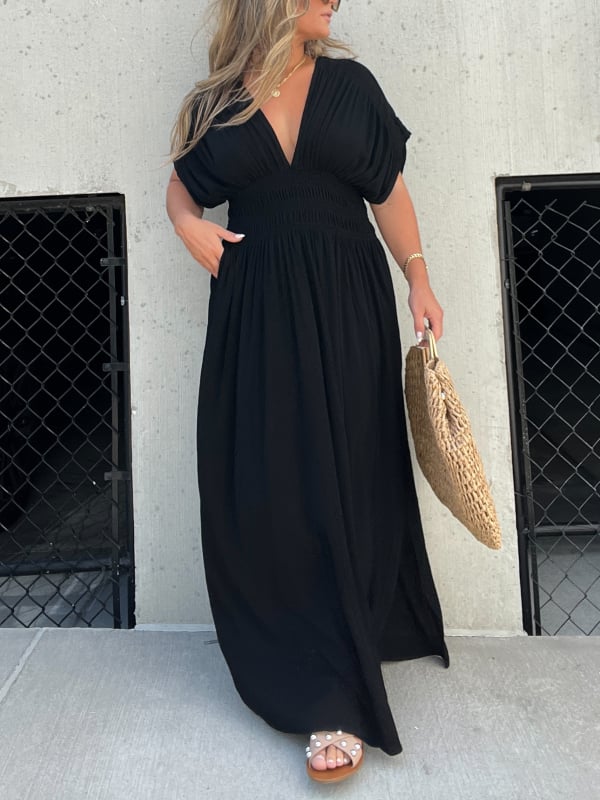 SLIT V-NECK EFFORTLESS MAXI LONG DRESS