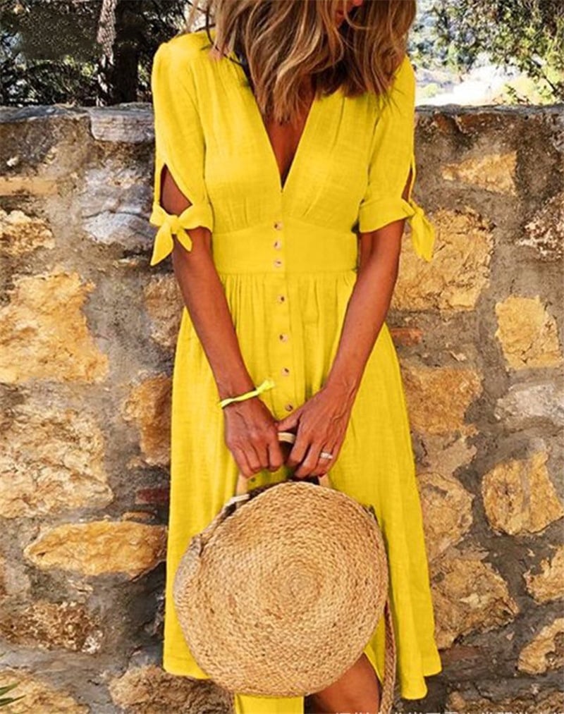 Women V-neck Solid Color Belted Single-breasted Dress