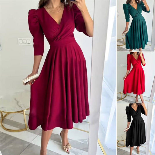 💐 Women's V-Neck Pleated Waist-slimming Midi Dress