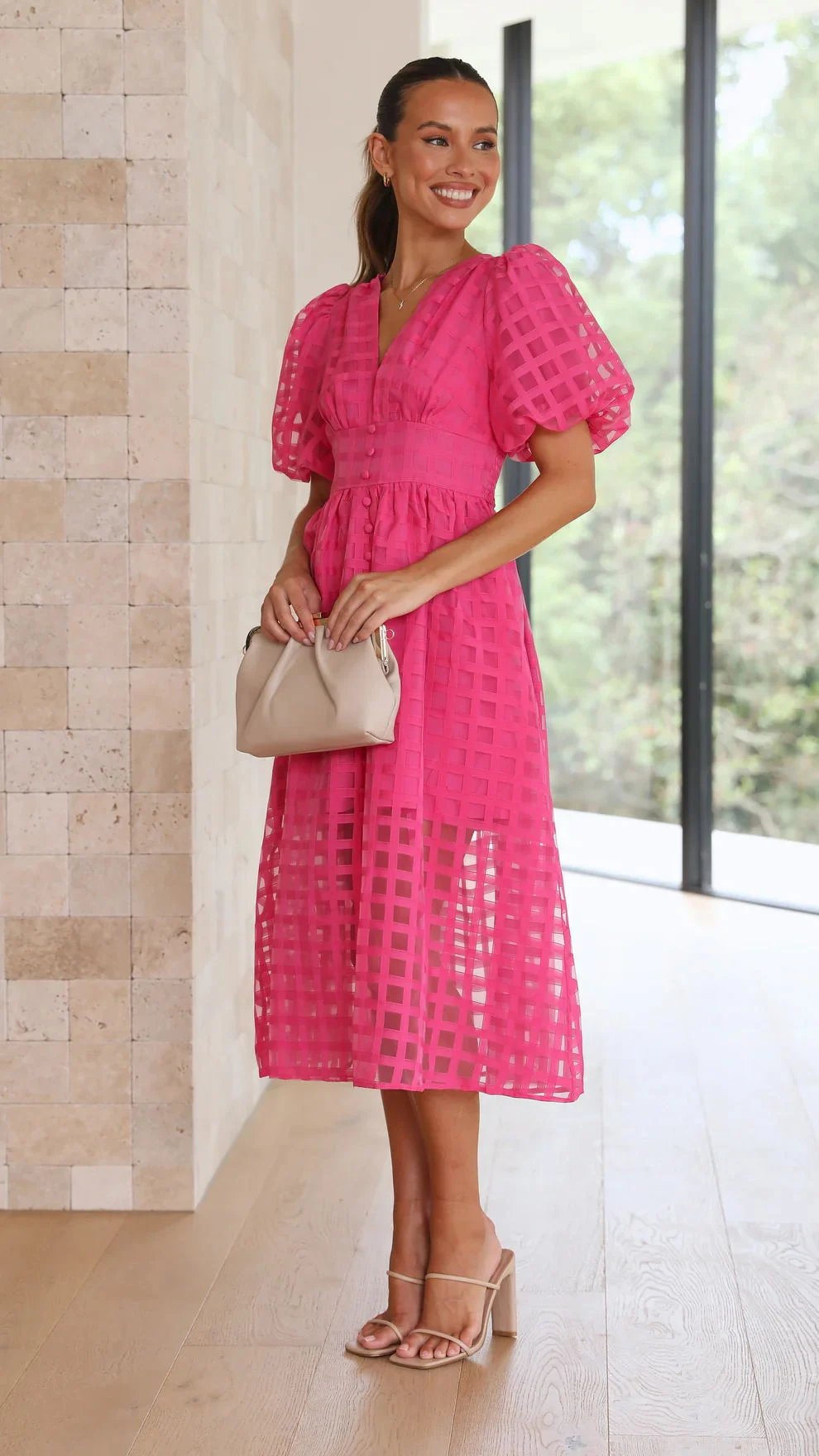 🔥🔥 Beauty Square Patterned Fabric Puff Sleeve Midi Dress