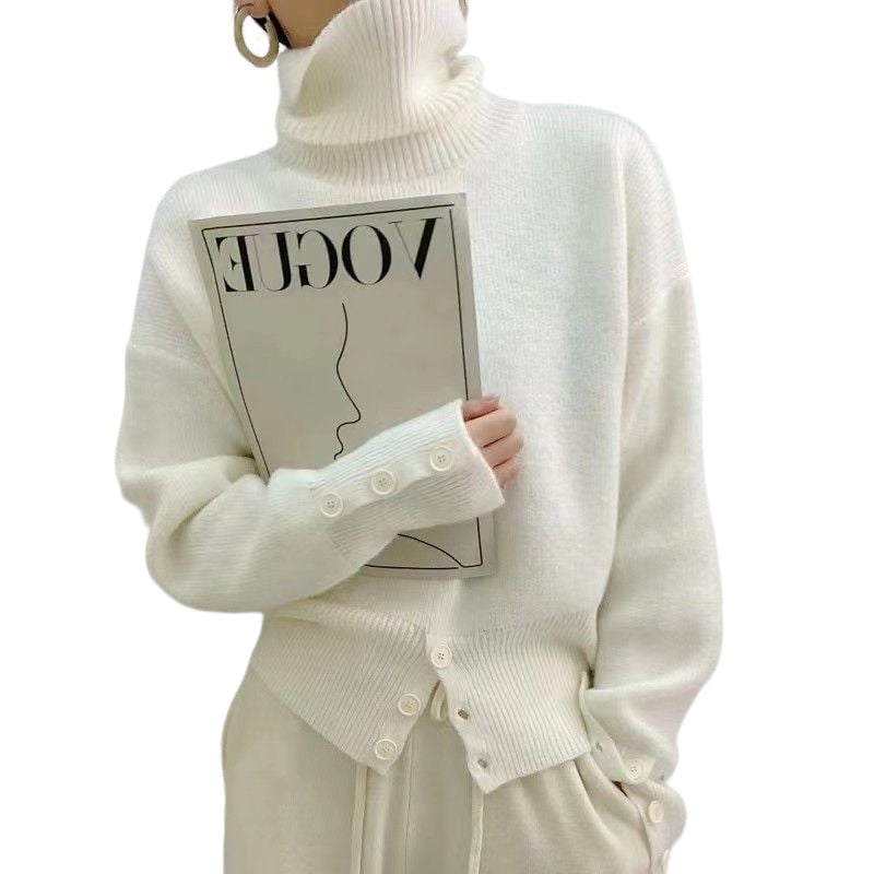 Women's Solid Color Turtleneck Sweater with Buttons