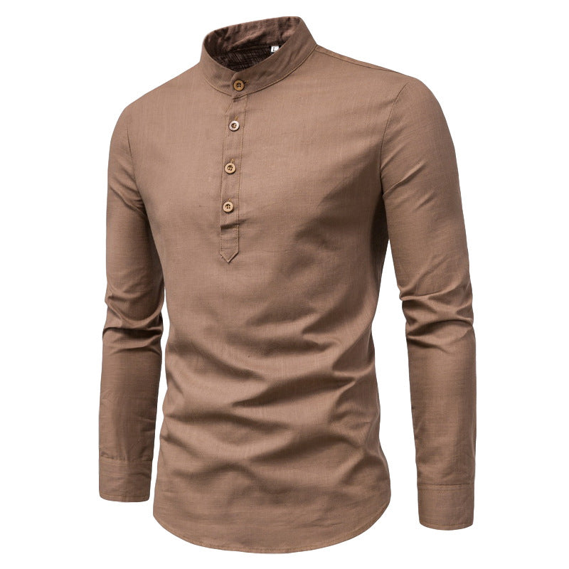Men's stand collar cotton and linen tops