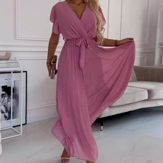 🌸 Women's Solid V-Neck Pleated Flowy Dress