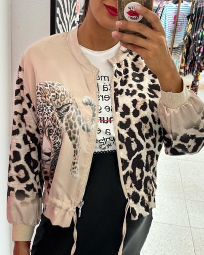 Leopard Unique Print Zipper Drawstring Hem Bomber Jacket