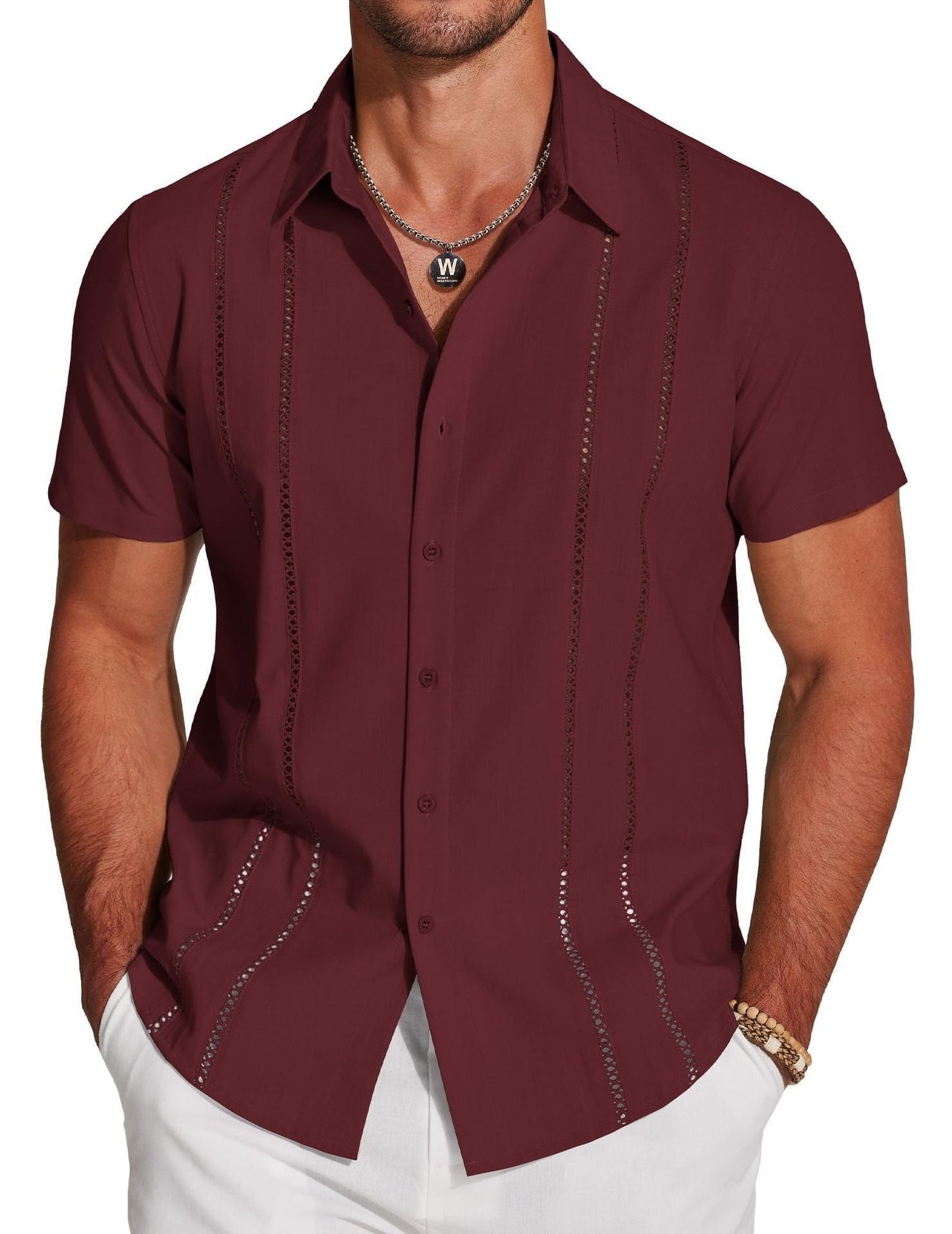 Men's Cuba Guayabera Exquisite Hollow Embroidered Button Front Shirt