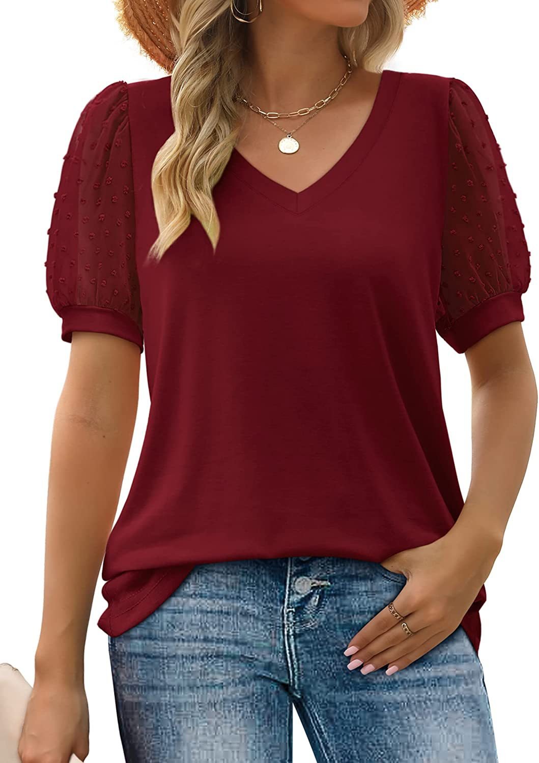 Summer Tops for Women V Neck T Shirts Casual Puff Sleeve Shirts Loose Fit