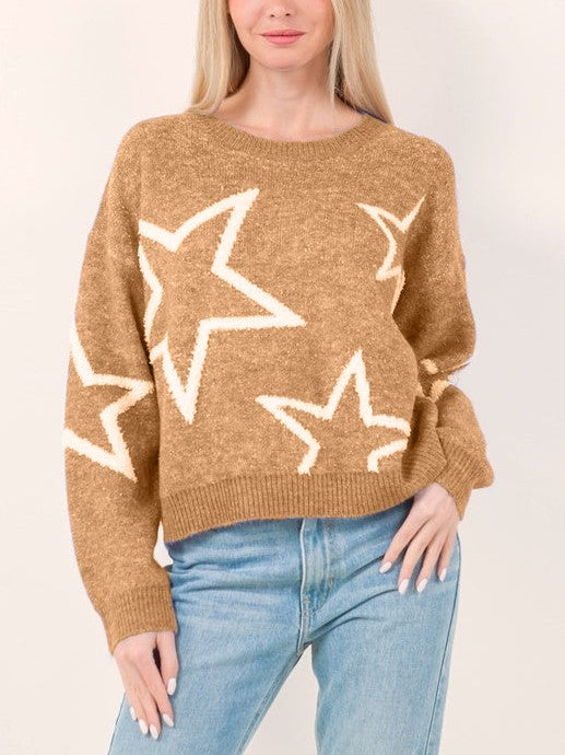 HOT SALE Star Pattern Contrast Long Sleeve Pullover Sweater