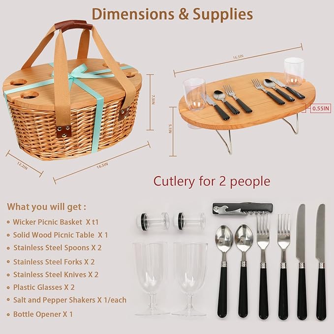 insulated wicker picnic basket with foldable wine table and tableware service set