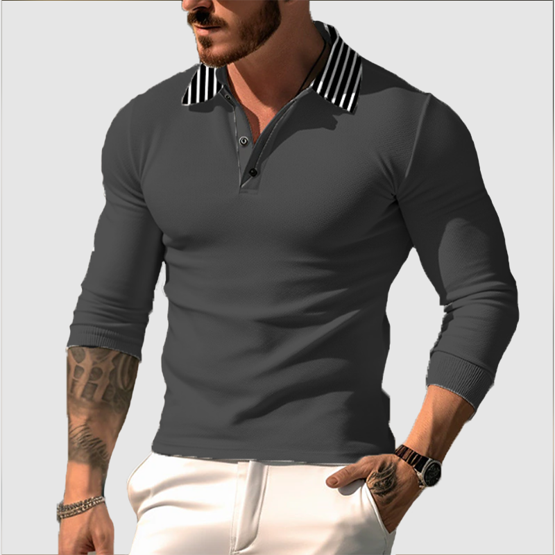 Men's striped lapel sports casual top T-shirt