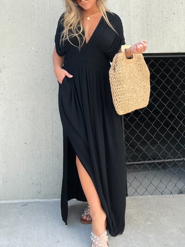 SLIT V-NECK EFFORTLESS MAXI LONG DRESS