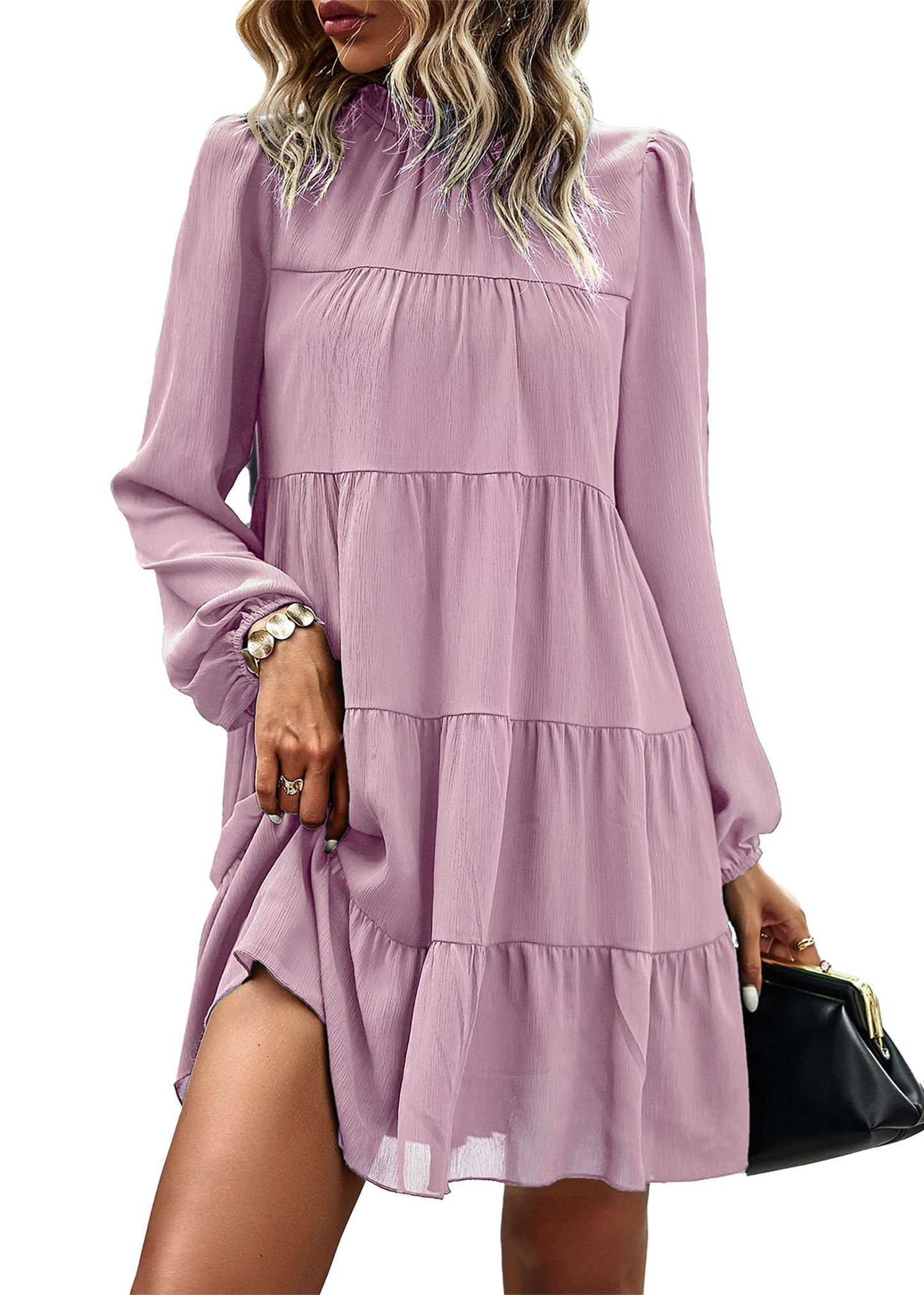 Womens Casual Long Sleeve Mock Neck Ruffle Tiered Babydoll Dress