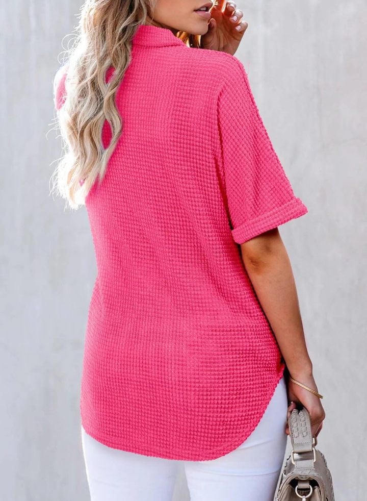 🔥WOMEN'S WAFFLE KNIT SHORT SLEEVE TUNIC HENLEY TOP