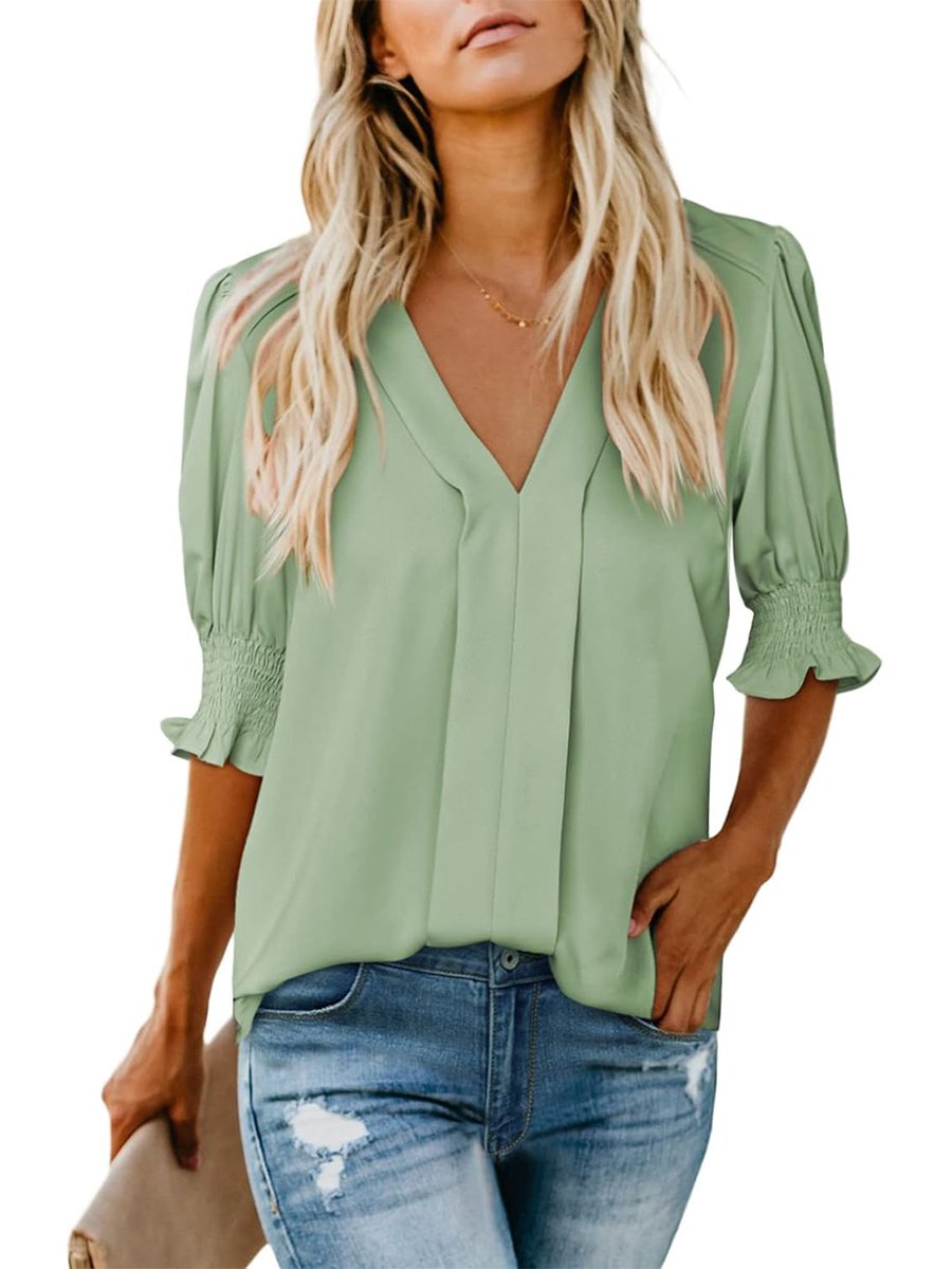 🔥WOMEN'S V NECK DRESSY PUFF RUFFLE BLOUSE CASUAL SHORT SLEEVE TOPS