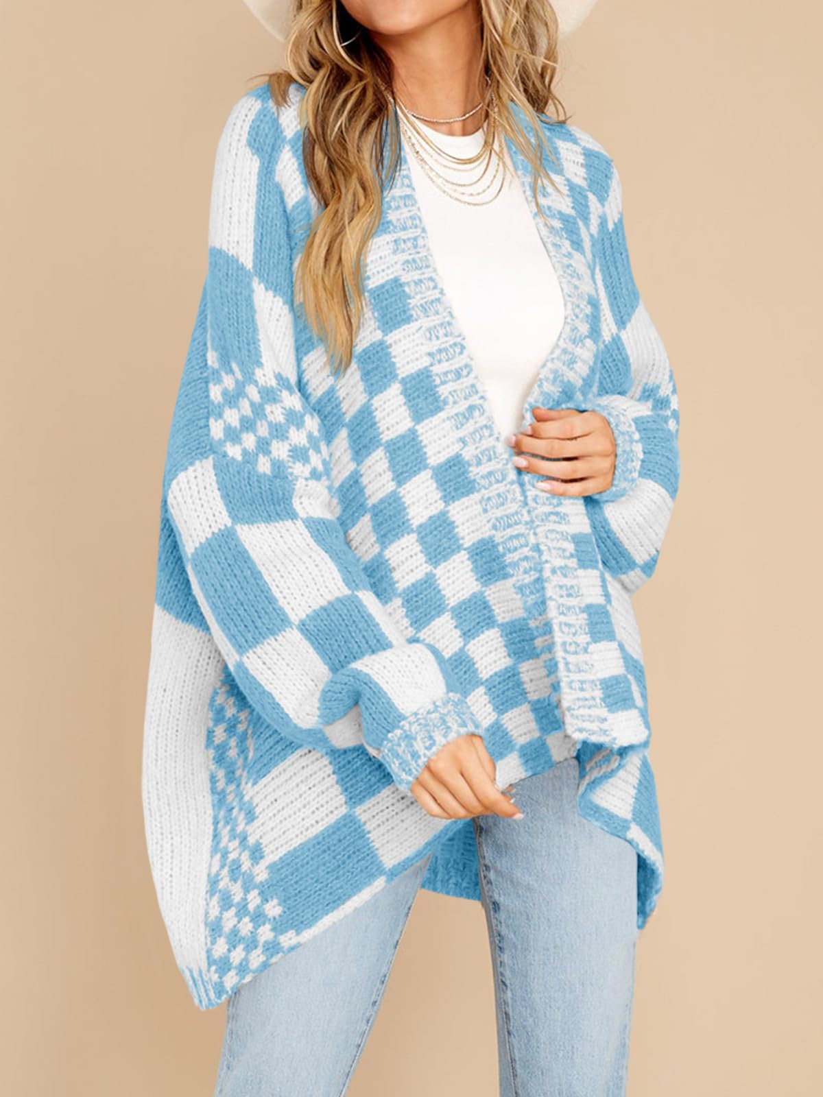 Womens Checkered Sweater Color Block Plaid Cardigans