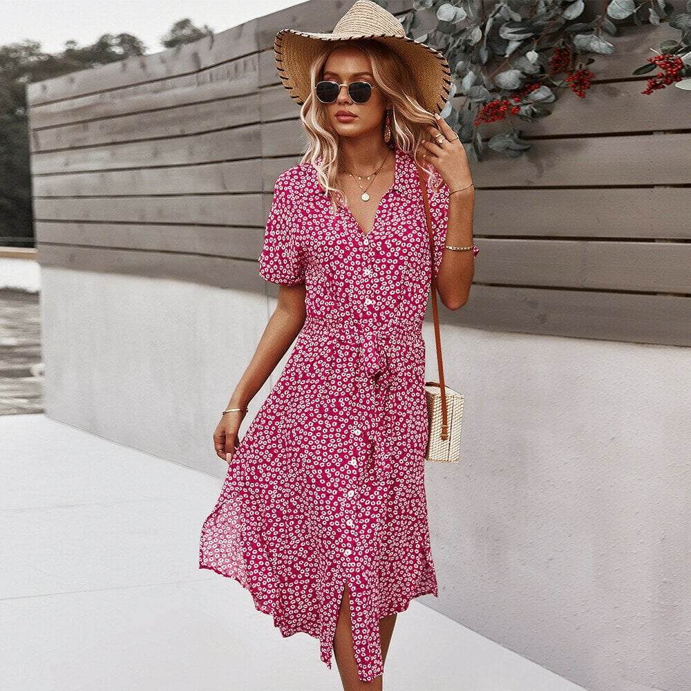 Floral Print Lapel Button Knotted Short Sleeve Dress