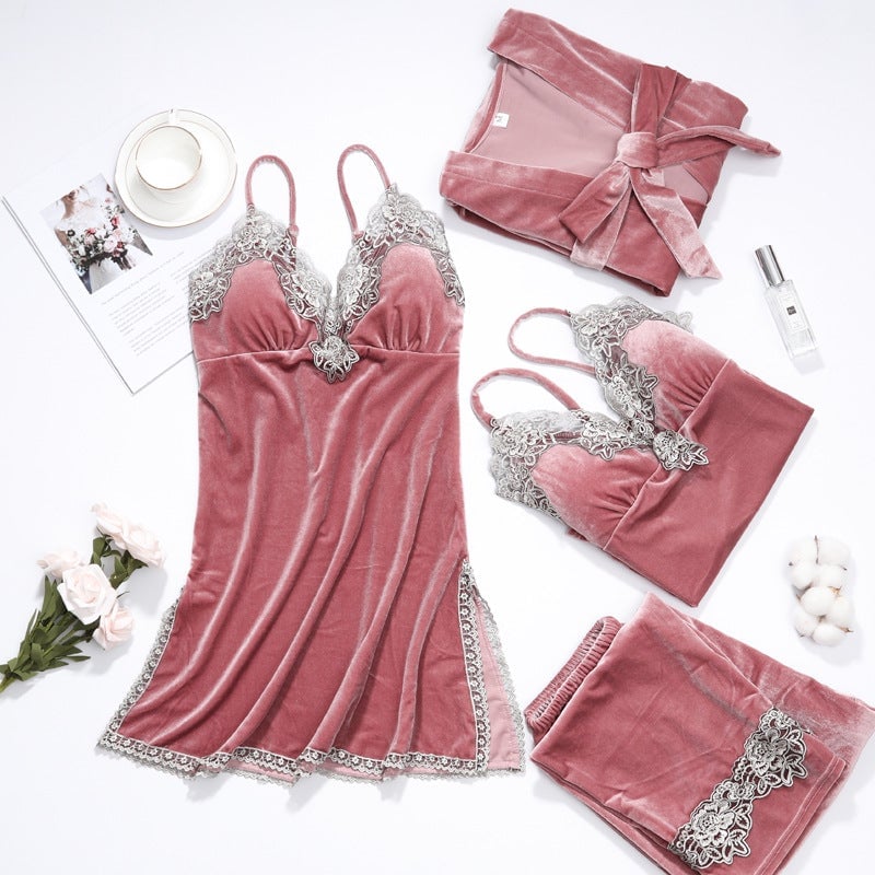 Women Sexy Velvet Pajamas Sets 4 pcs