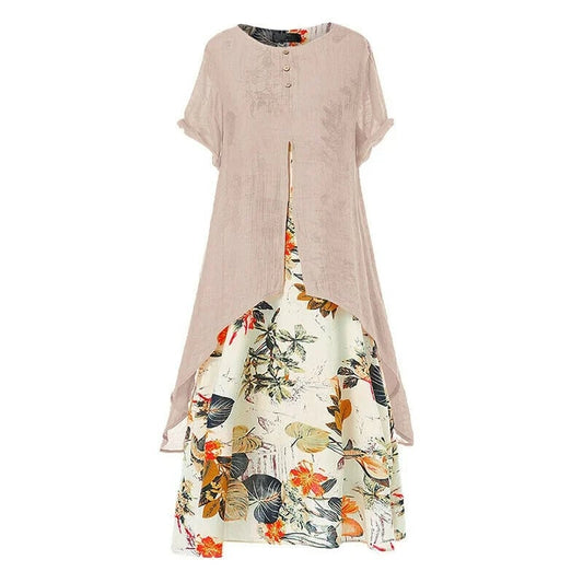 Women Vintage Print Patchwork Plus Size Maxi Dress With Pockets