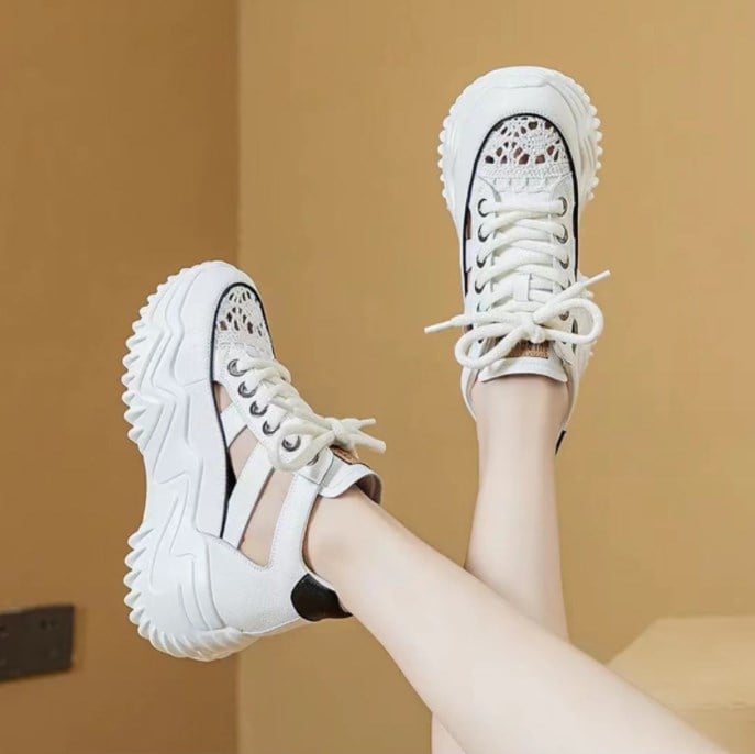 Elevated soft sole breathable hollow white shoes