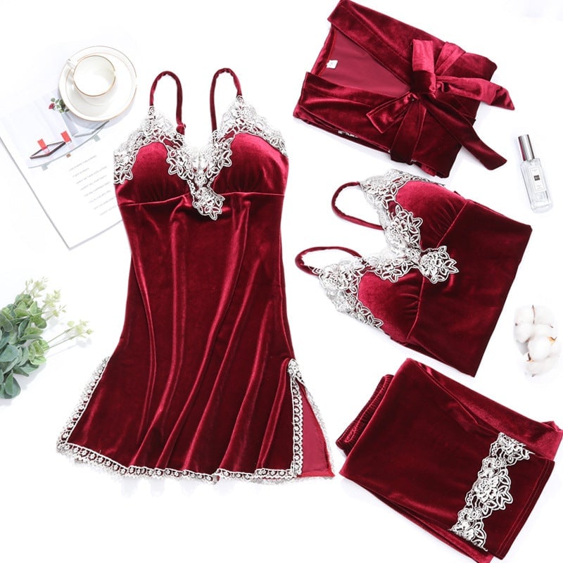 Women Sexy Velvet Pajamas Sets 4 pcs