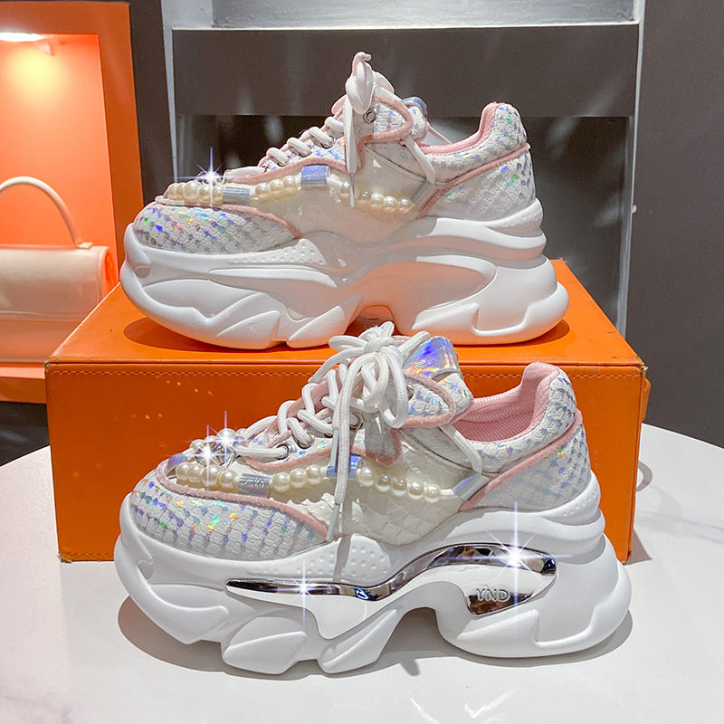 Rhinestone mesh breathable height-increasing sneakers