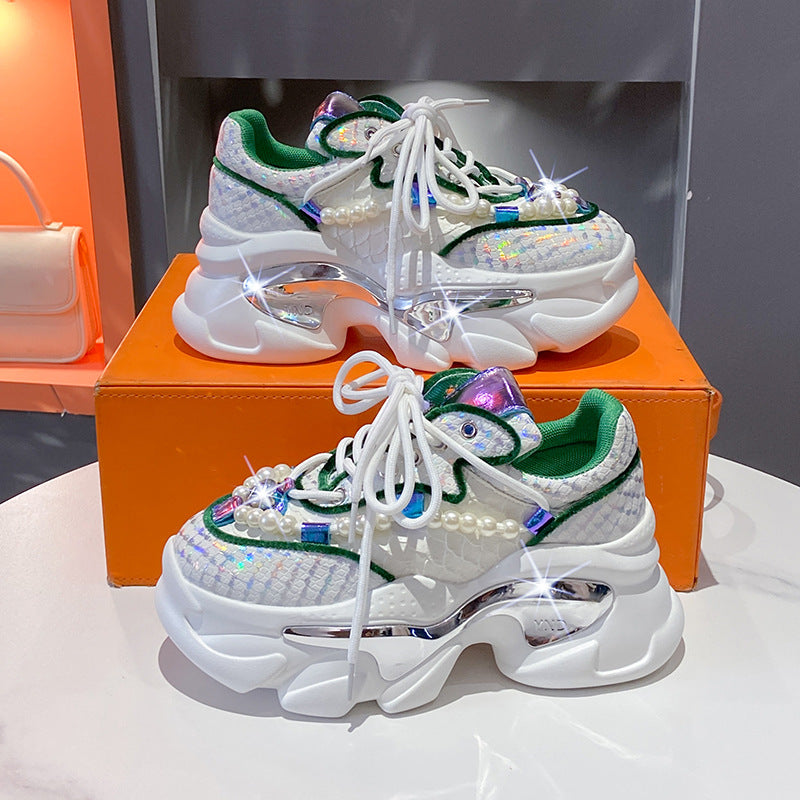 Rhinestone mesh breathable height-increasing sneakers