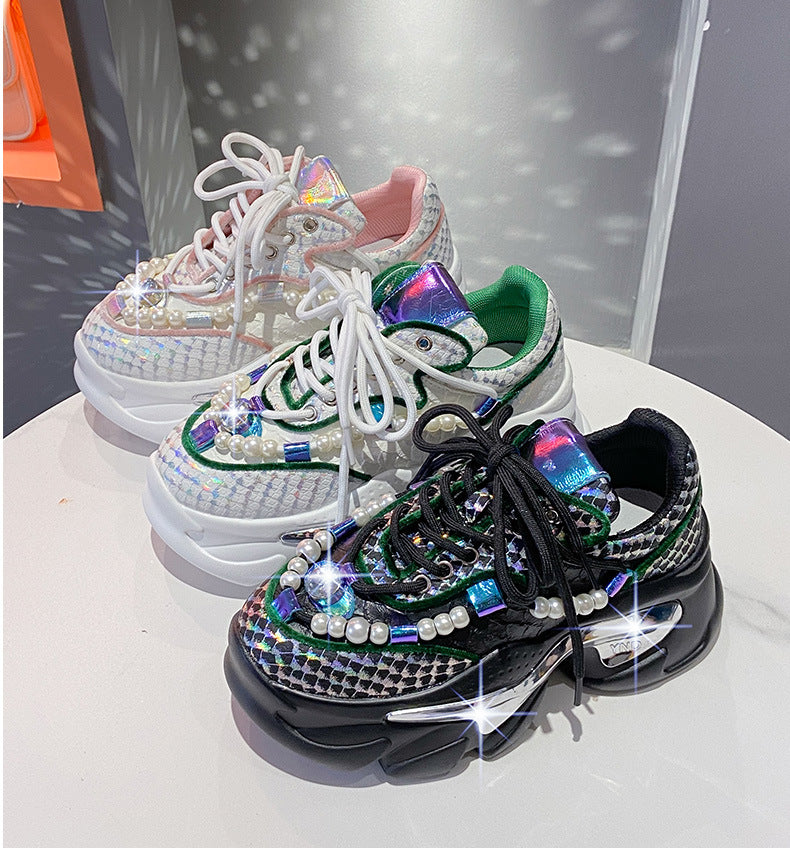 Rhinestone mesh breathable height-increasing sneakers