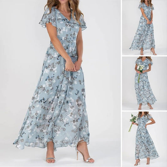 Short Sleeve Long Dress With Floral Print