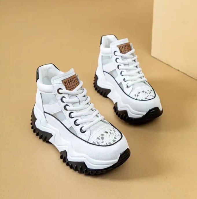 Elevated soft sole breathable hollow white shoes