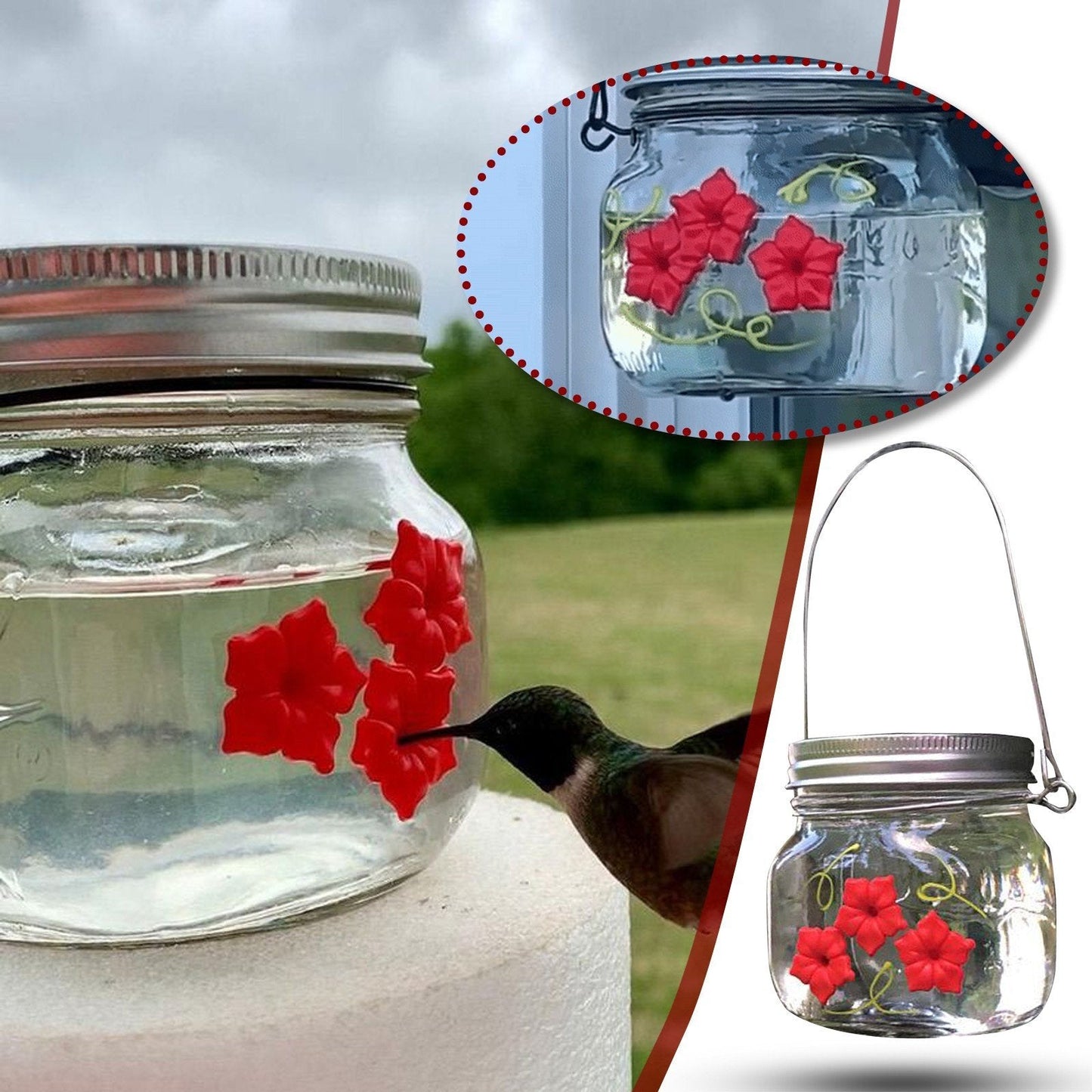 Beautiful Mason Jar Hummingbird Feeder /Three Ports