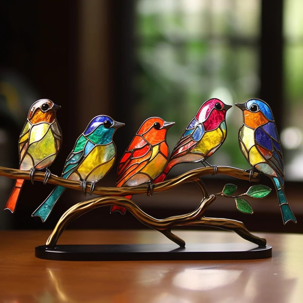 Stained Acrylic Birds on Branch Desktop Ornaments