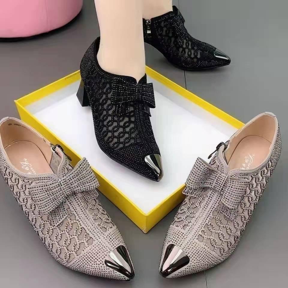 2023 summer new rhinestone chunky heel pointed toe sandals
