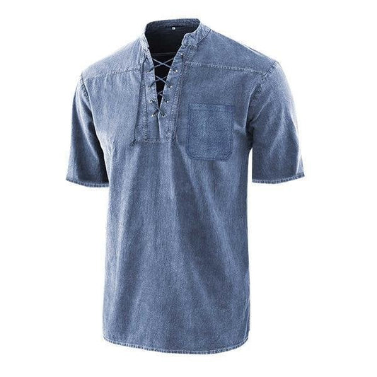 Men Gothic Retro T Shirt Lace-up V-neck Linen Pocket