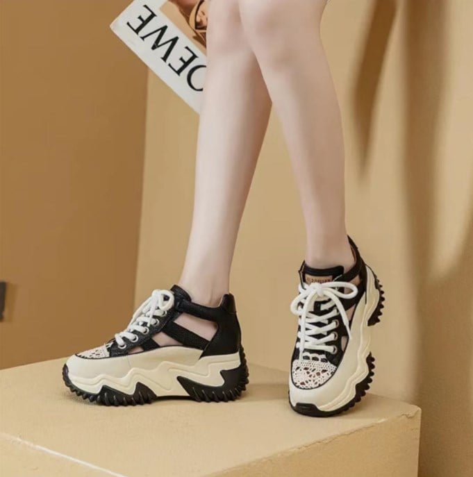 Elevated soft sole breathable hollow white shoes