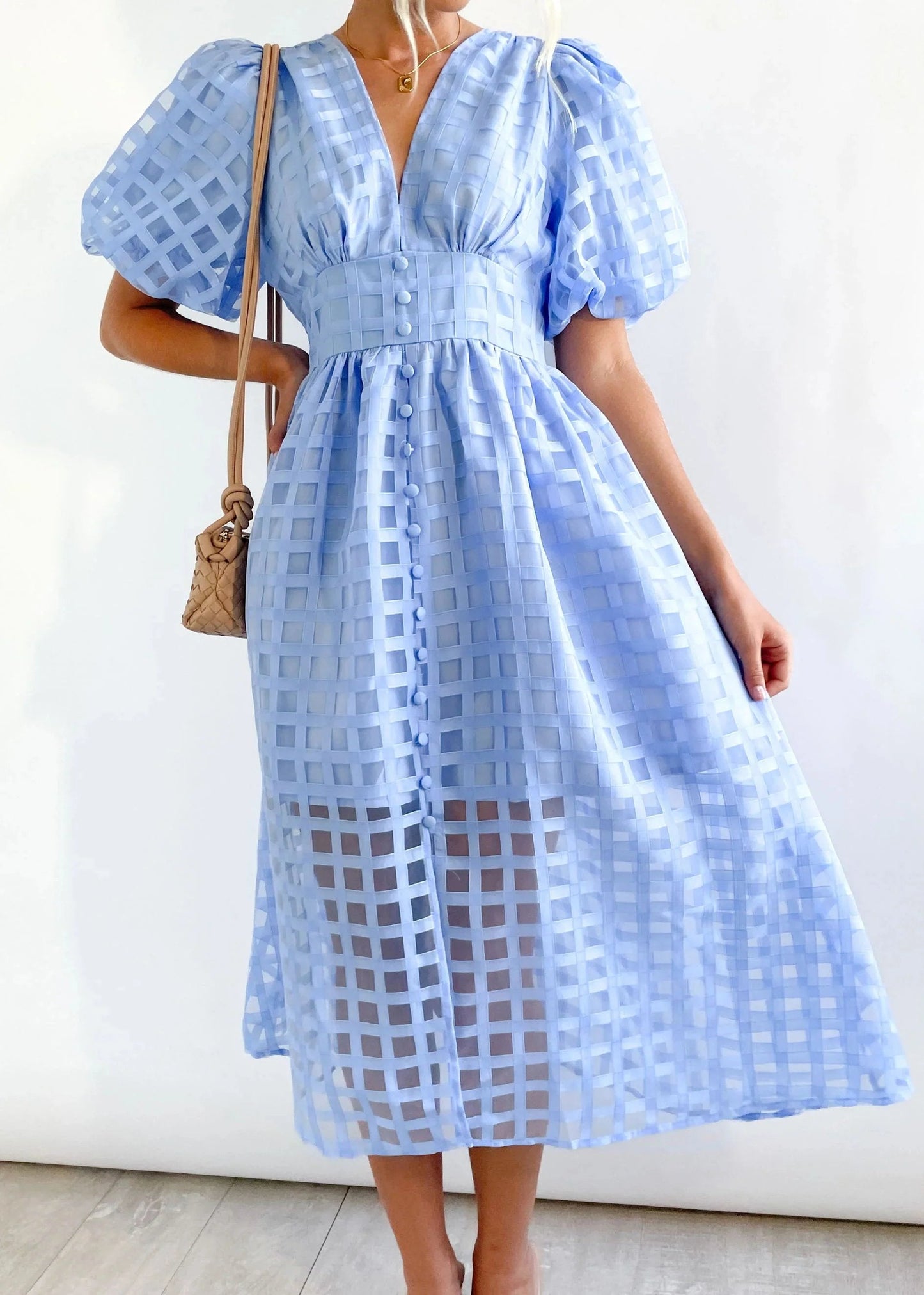 🔥 Square Patterned Fabric Puff Sleeve Midi Dress