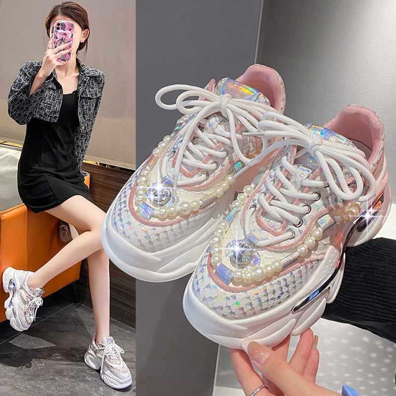 Rhinestone mesh breathable height-increasing sneakers