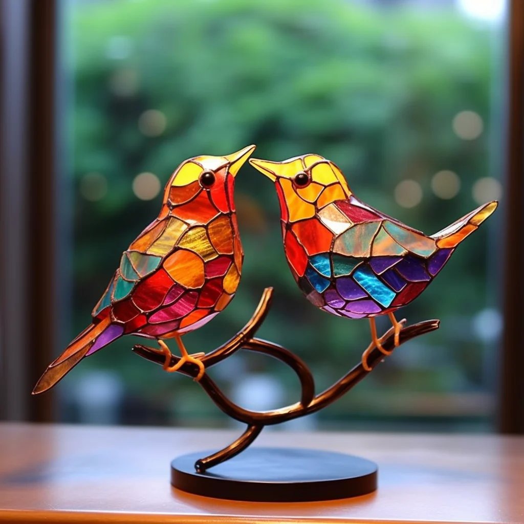 Stained Acrylic Birds on Branch Desktop Ornaments