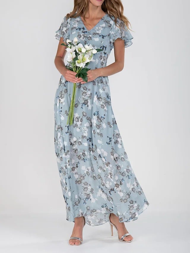 Short Sleeve Long Dress With Floral Print