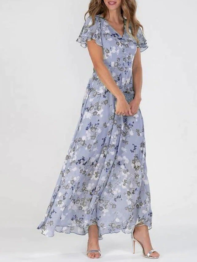 Short Sleeve Long Dress With Floral Print