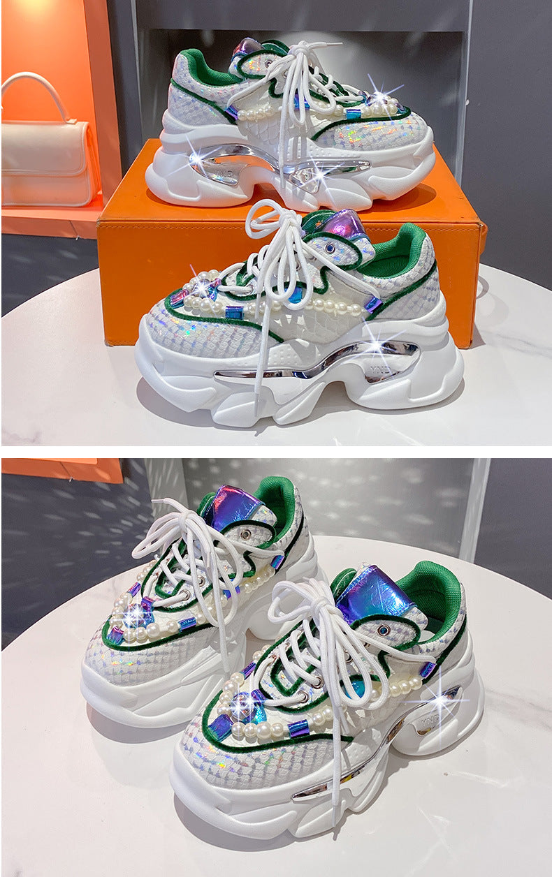 Rhinestone mesh breathable height-increasing sneakers