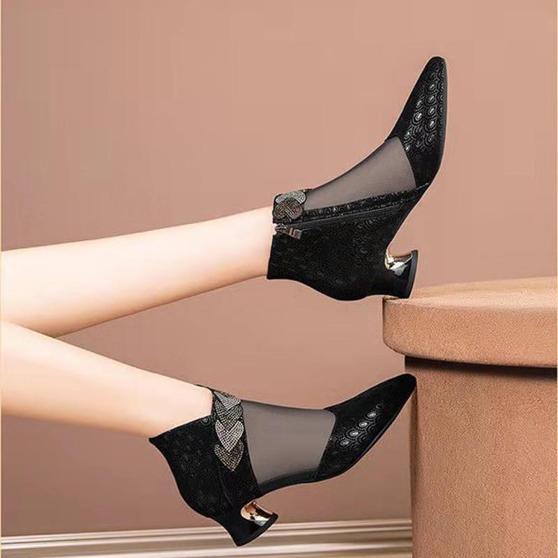 Rhinestone pointed toe shoes thick heel women's shoes