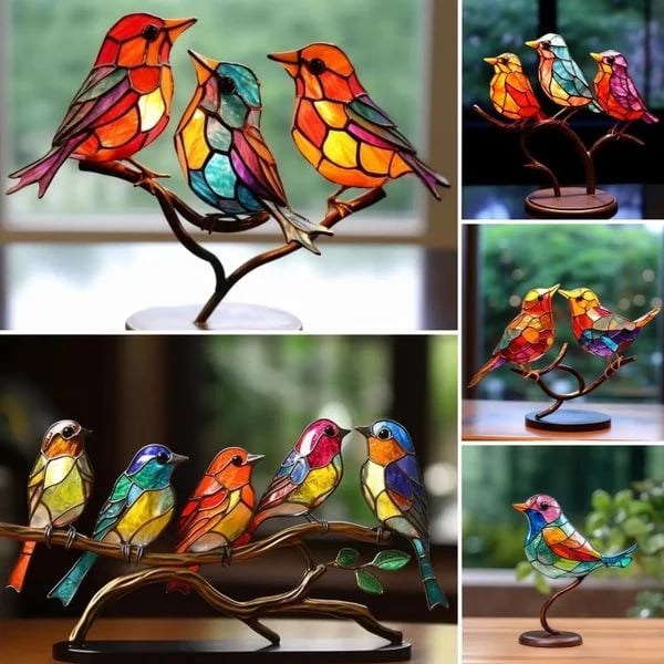Stained Acrylic Birds on Branch Desktop Ornaments