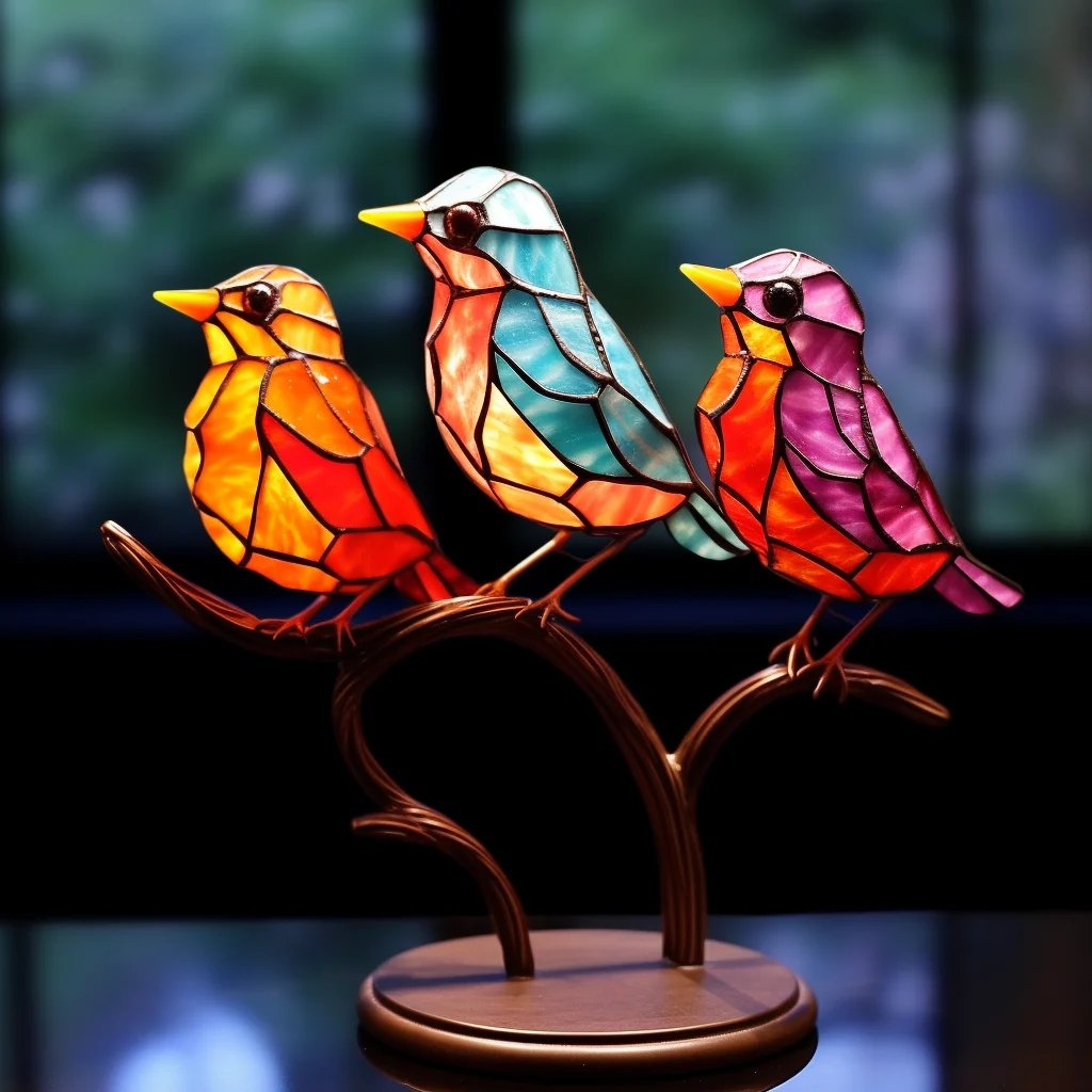 Stained Acrylic Birds on Branch Desktop Ornaments