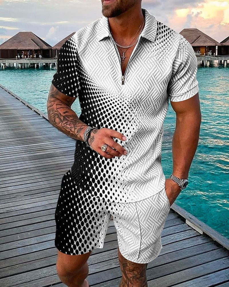 2023 New Men's Fashion Casual Suit Zipper Short Sleeve Polo Shirt Shorts 2 Piece Set